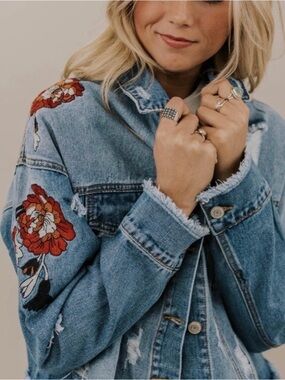 ROOLEE | Distressed Denim Jacket with Red Floral Patch